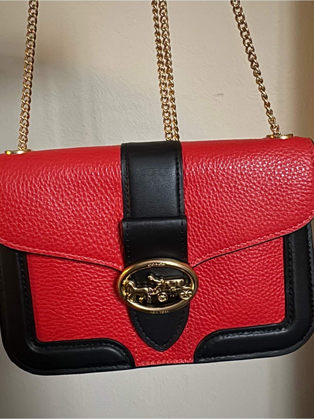 Coach Georgie Red and Black ColorBlock Leather Crossbody with Gold Chain - Picture 7 of 12